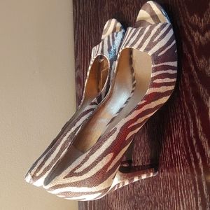 Next Brown,Cream & Gold Zebra Peep Toe Heels Size 8.5M